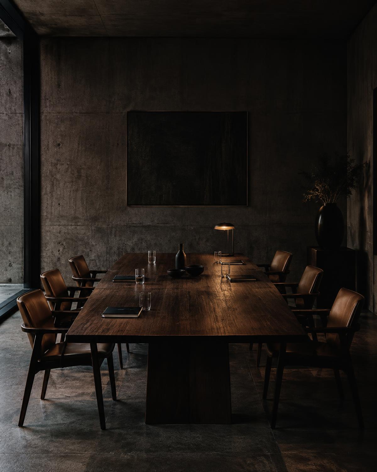 Table de conversation dans une salle nordique en béton, lumière chaude